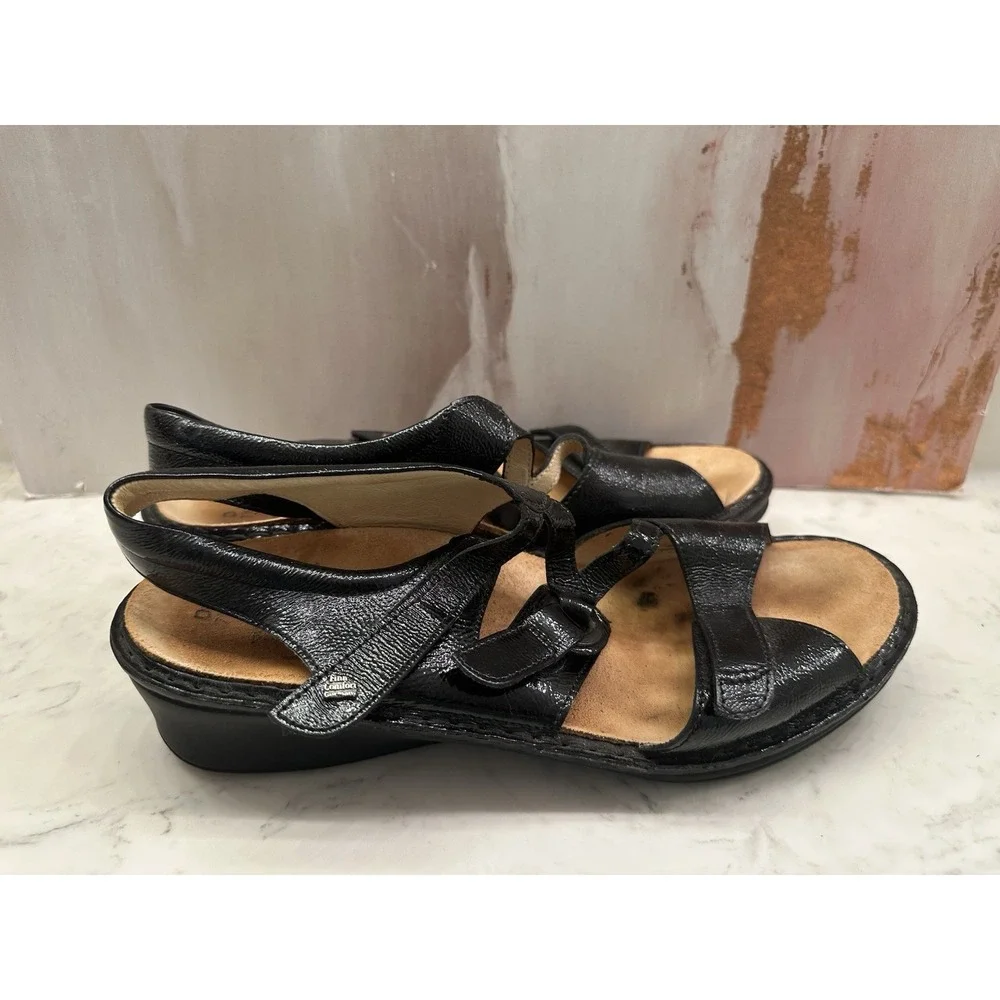 Finn Comfort Adana Dress Sandal Womens 9.5 US/7.5 UK Black‎ Patent Leather Wedge